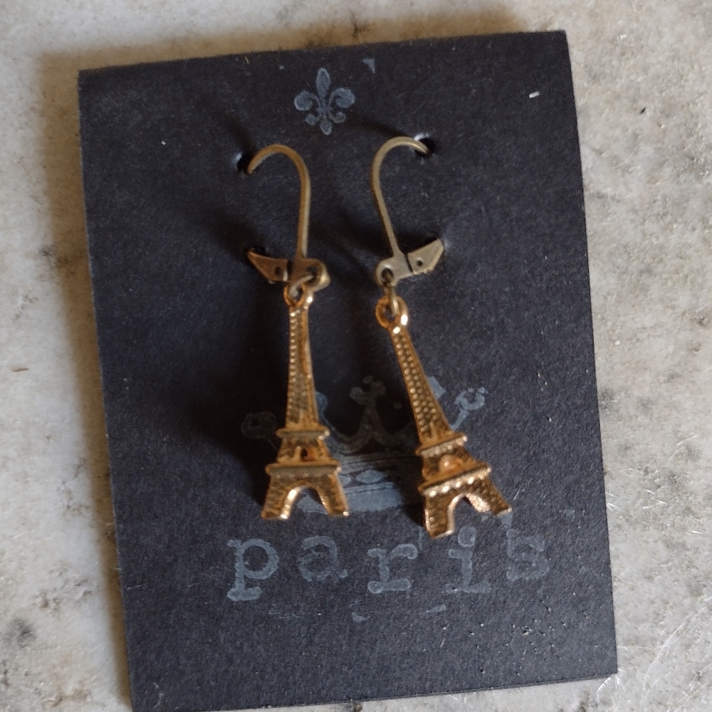 Eiffel Tower earrings, pierced ears goldtone & antique bronze kidney French loop